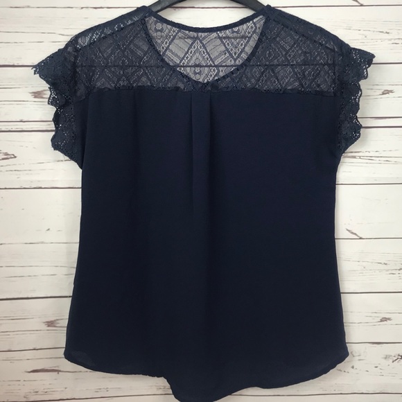 Blue Lace Top Womens Blouse Teardrop Neck Size L - Picture 5 of 6